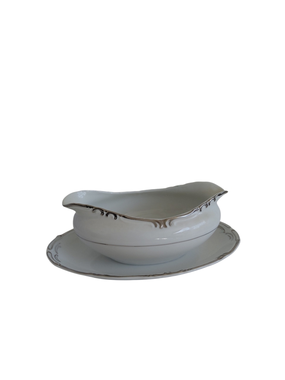 White Porcelain Gravy Boat with Attached Underplate
